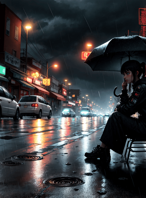 girl, umbrella, street, cars, signs
