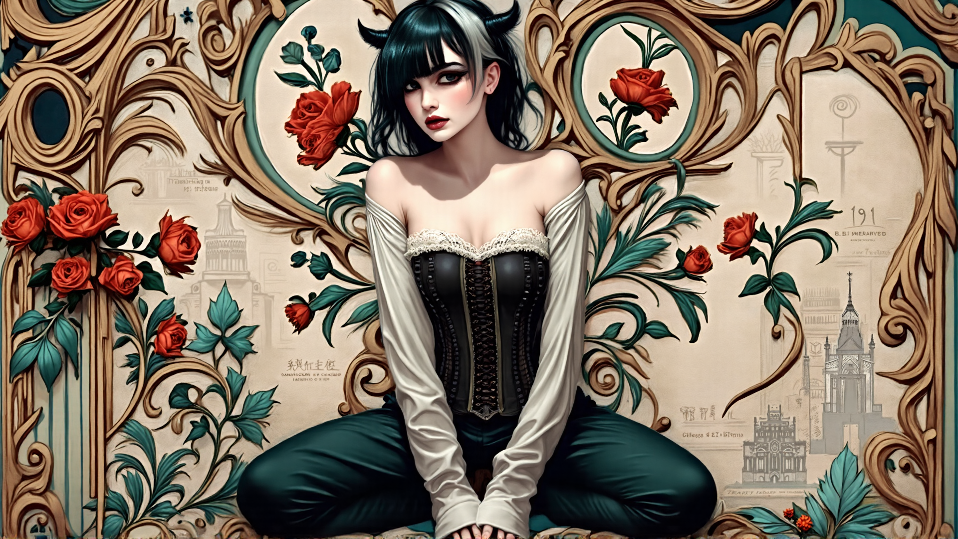 AI generated wallpaper featuring woman, roses, corset, gothic, ornament, horns, sitting, illustration, gowns, cityscape