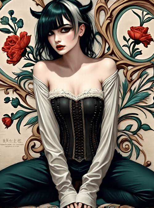 woman, roses, corset, gothic, ornament, horns, sitting, illustration, gowns, cityscape