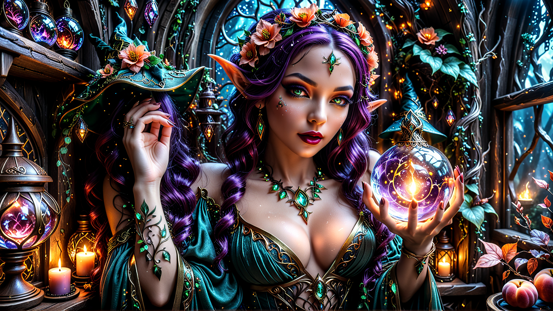 AI generated wallpaper featuring elf, witch, crystal ball, candle, lantern, flower crown, apple, wings