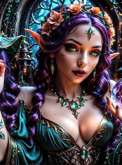 elf, witch, crystal ball, candle, lantern, flower crown, apple, wings