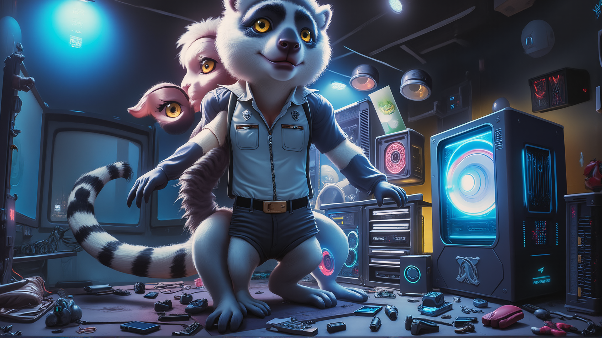 AI generated wallpaper featuring lemur, fox, computer, gaming, workspace