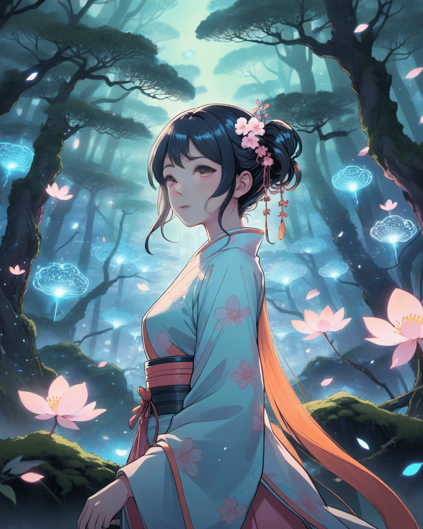 AI generated wallpaper featuring woman, kimono, forest