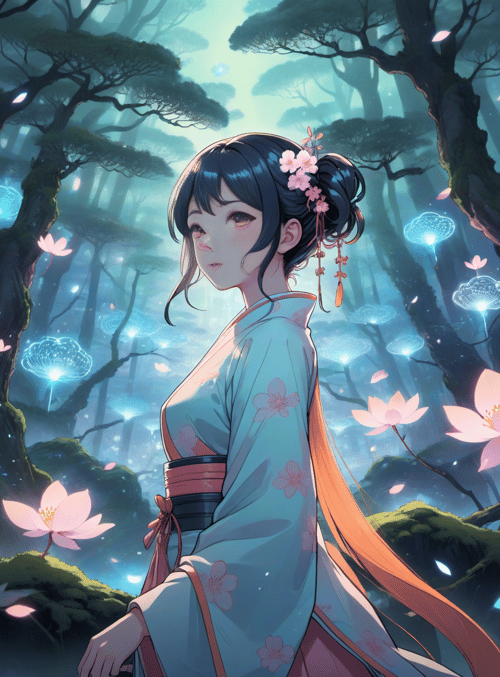 woman, kimono, forest