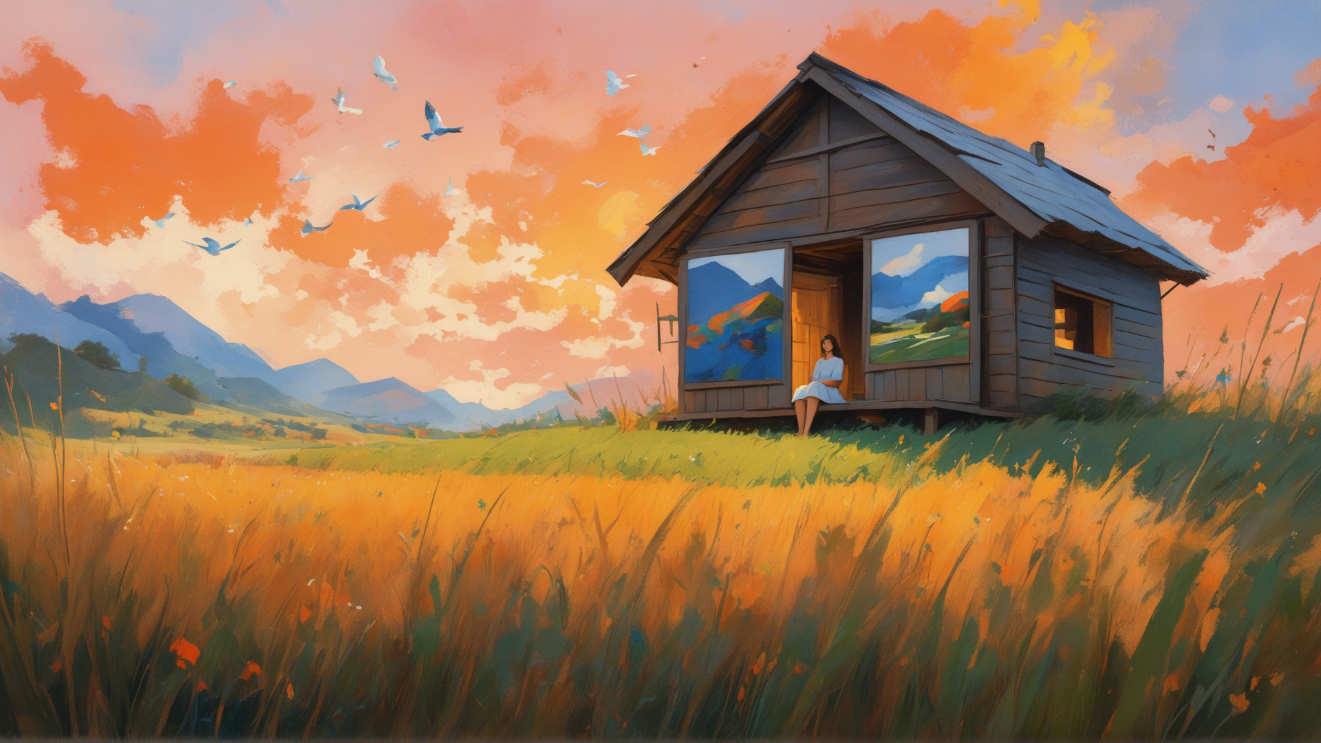 AI generated wallpaper featuring house, woman, birds
