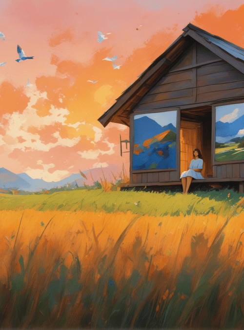 house, woman, birds