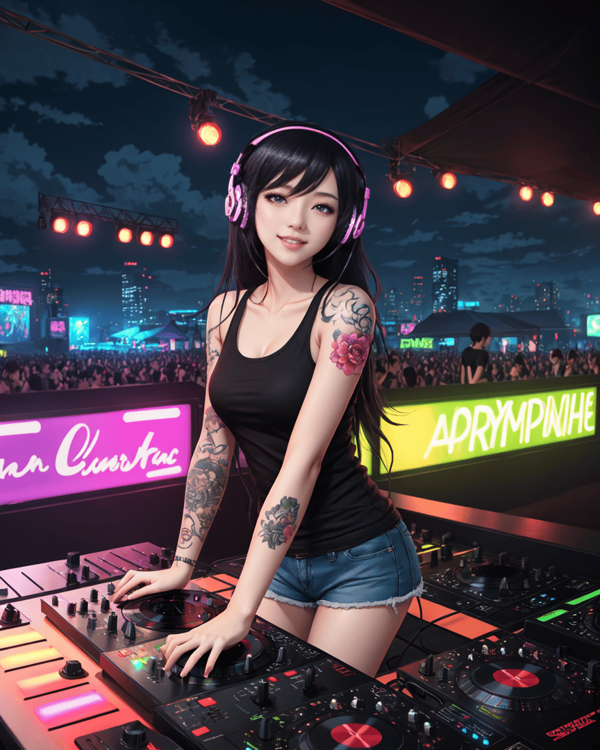 AI generated wallpaper featuring dj, woman, tattoo