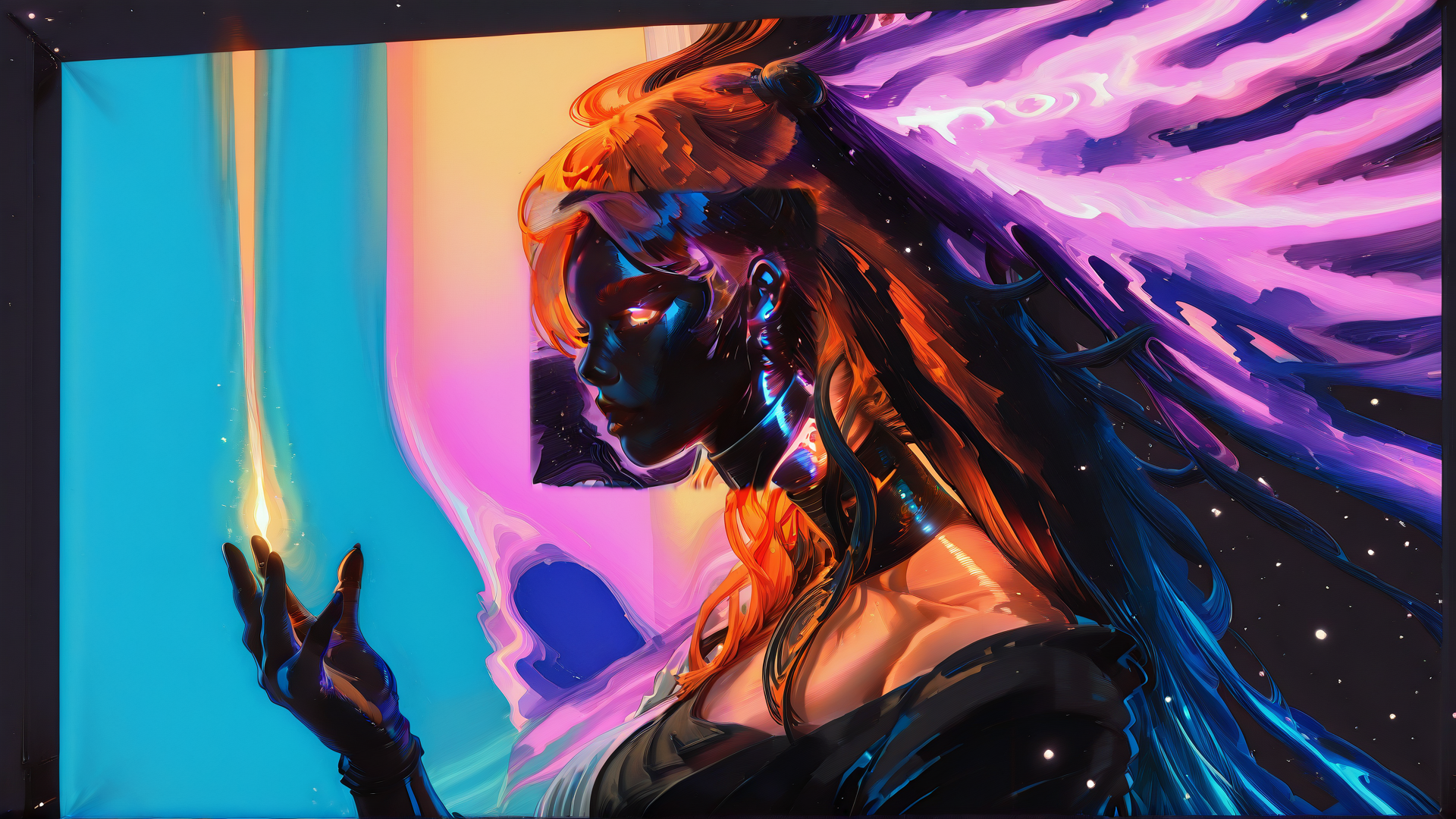 AI generated wallpaper featuring woman, cyborg, hand, neon, glowing