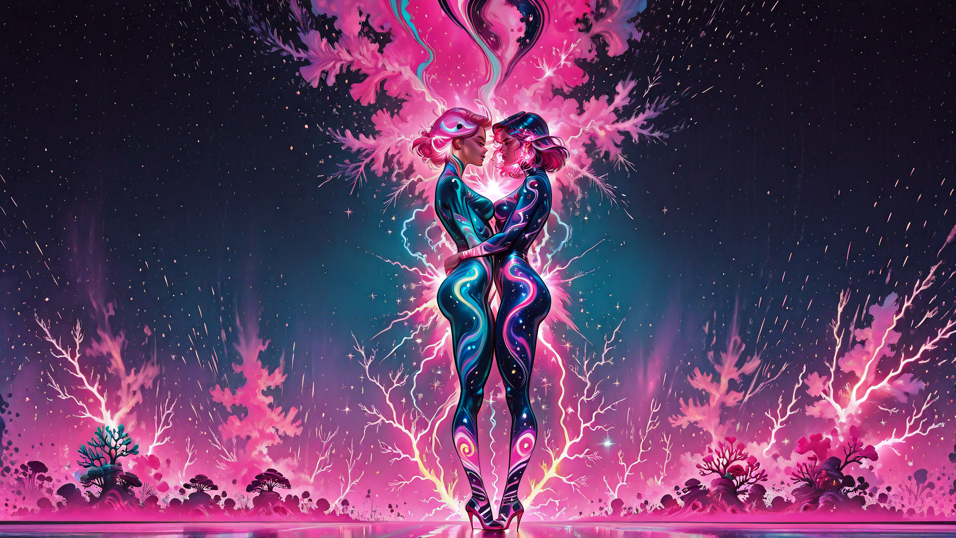 AI generated wallpaper featuring women, couple, kiss, neon, cosmic, surreal