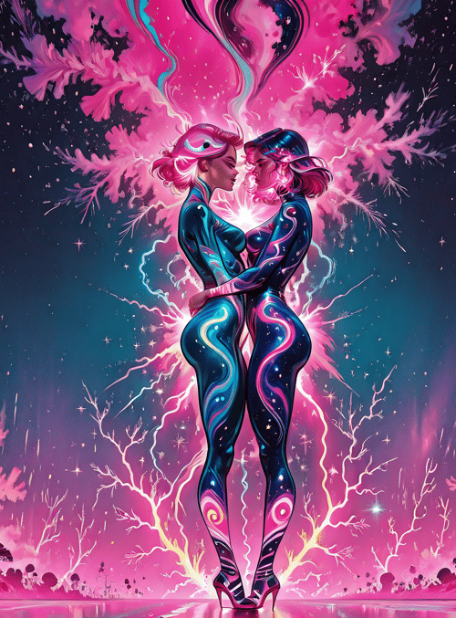 women, couple, kiss, neon, cosmic, surreal