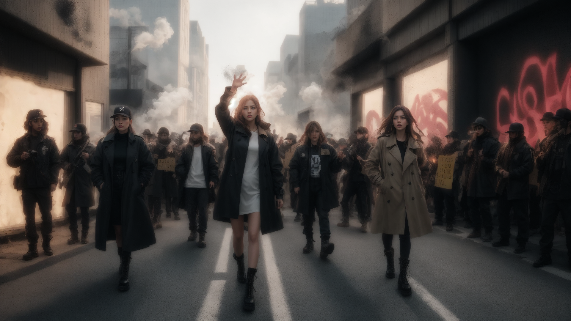 AI generated wallpaper featuring protesters, woman, crowd