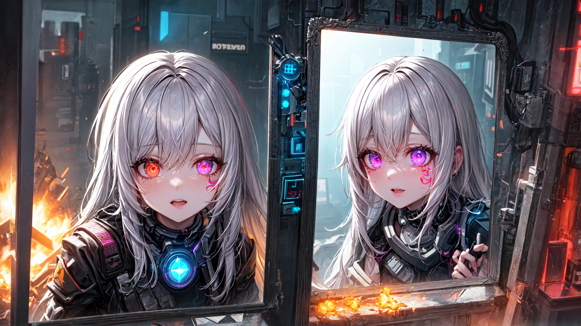 AI generated wallpaper featuring cyberpunk girl, mirror reflection, mechanical armor, neon lights, flames