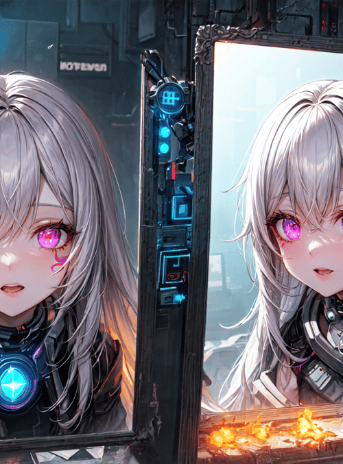 cyberpunk girl, mirror reflection, mechanical armor, neon lights, flames