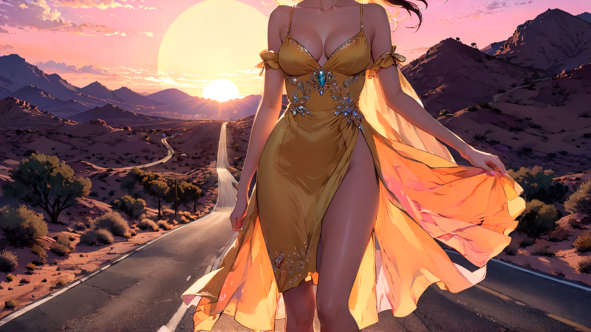 AI generated wallpaper featuring woman, dress, desert