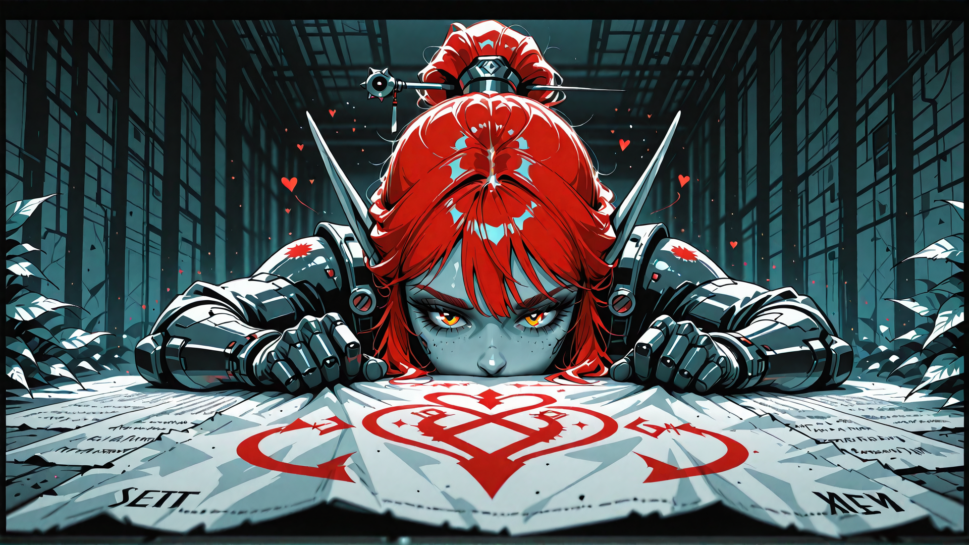 AI generated wallpaper featuring cyborg, red hair, swords, armor, paper, hearts, robot, weapon, mechanical, gloves