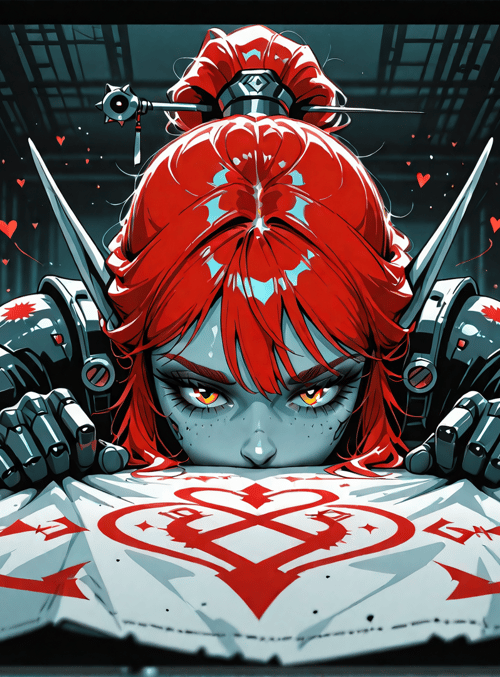 cyborg, red hair, swords, armor, paper, hearts, robot, weapon, mechanical, gloves