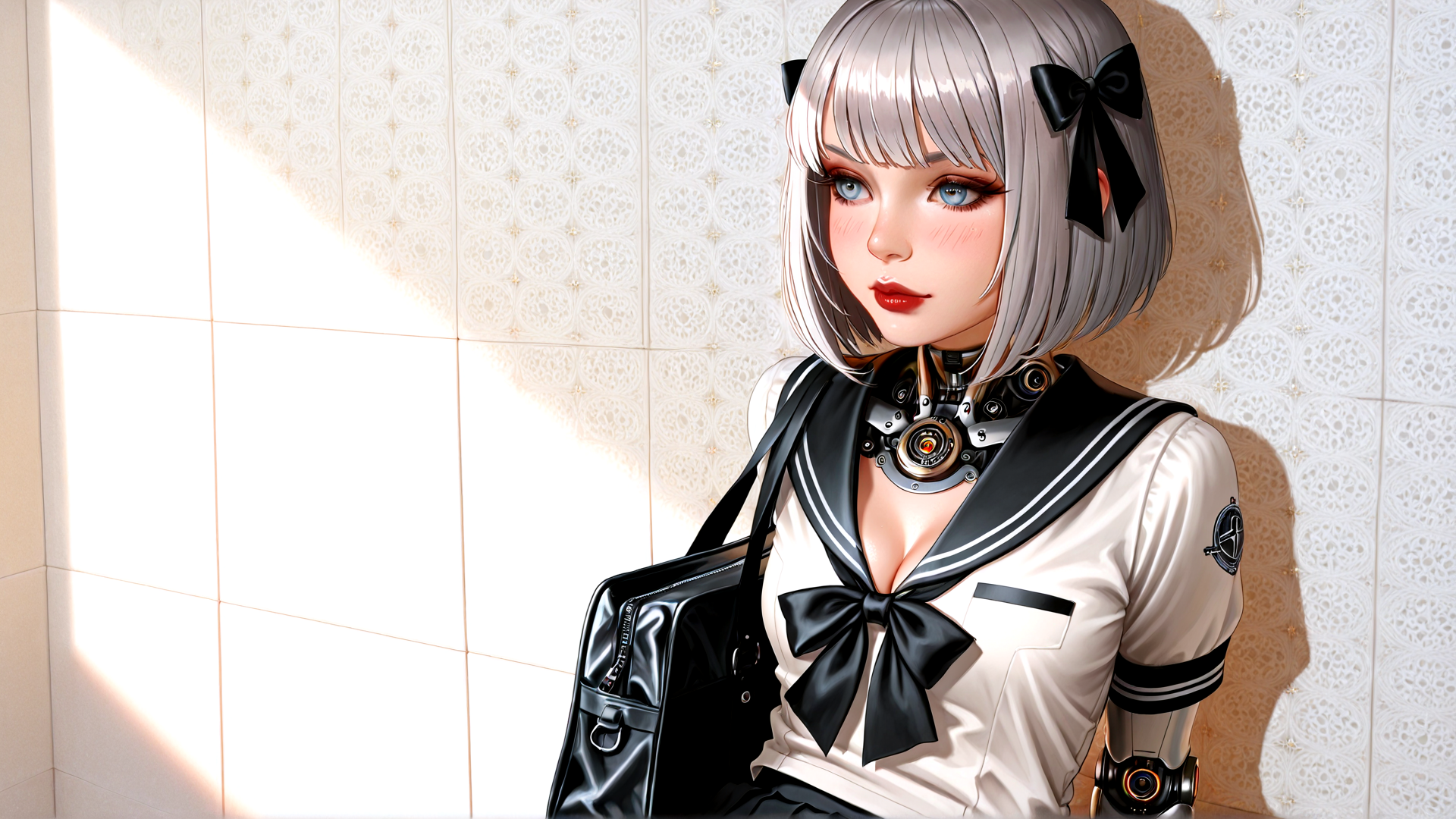 AI generated wallpaper featuring girl, robot, school uniform, bow, bag