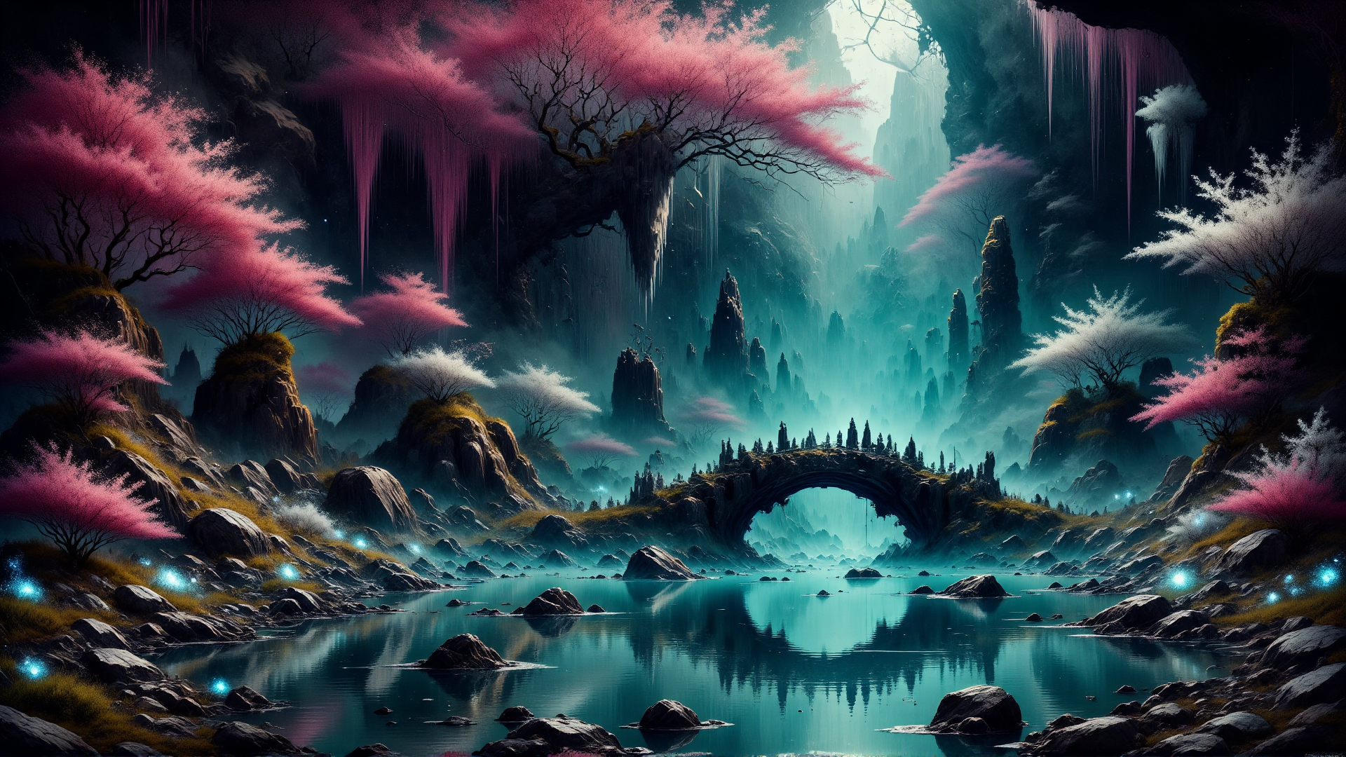 AI generated wallpaper featuring trees, cave, bridge, lake, mountains