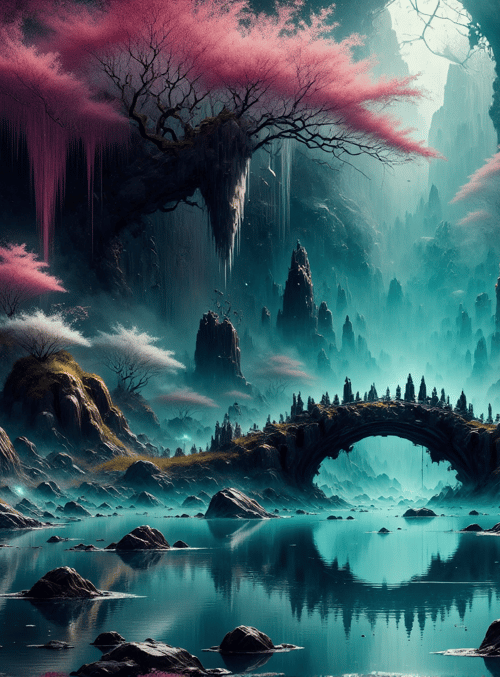 trees, cave, bridge, lake, mountains