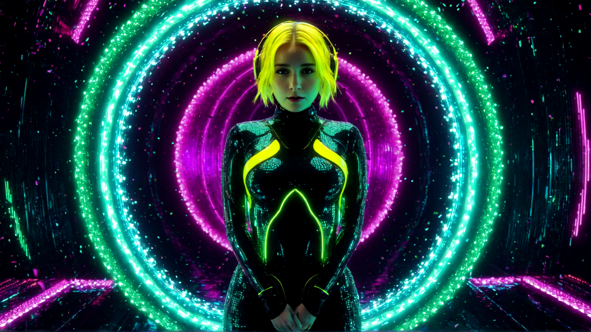 AI generated wallpaper featuring person, cyberpunk, neon