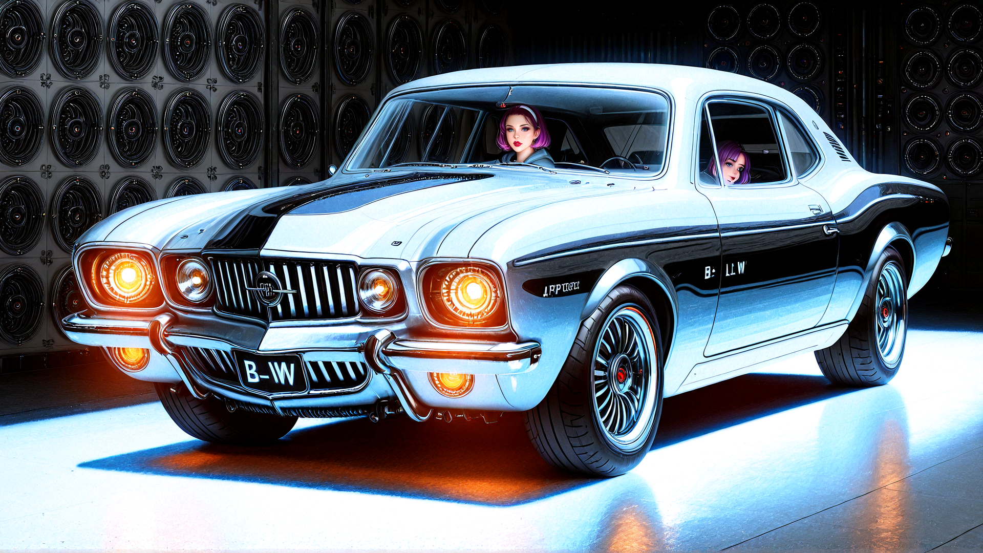 AI generated wallpaper featuring car, woman, speakers, headlights, license plate, wheels, mirror, dashboard, door, window