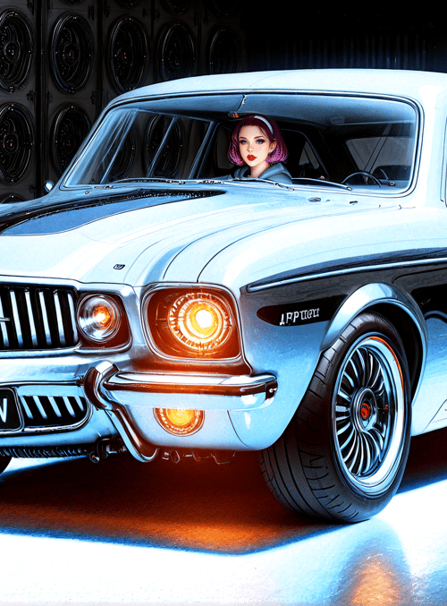 car, woman, speakers, headlights, license plate, wheels, mirror, dashboard, door, window