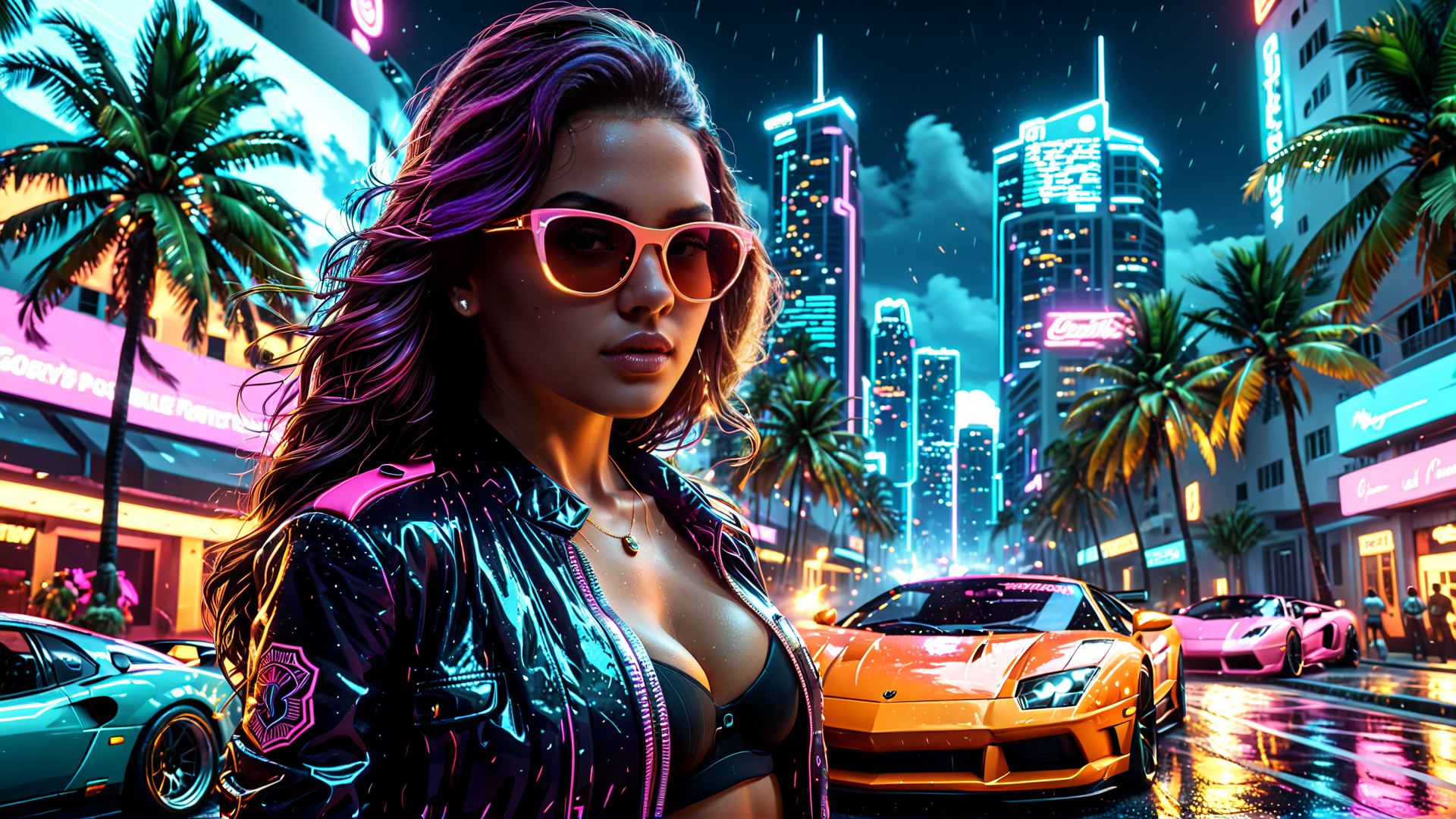 AI generated wallpaper featuring woman, cars, city