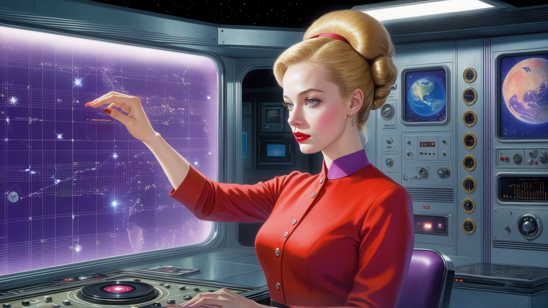 AI generated wallpaper featuring woman, astronaut, control room