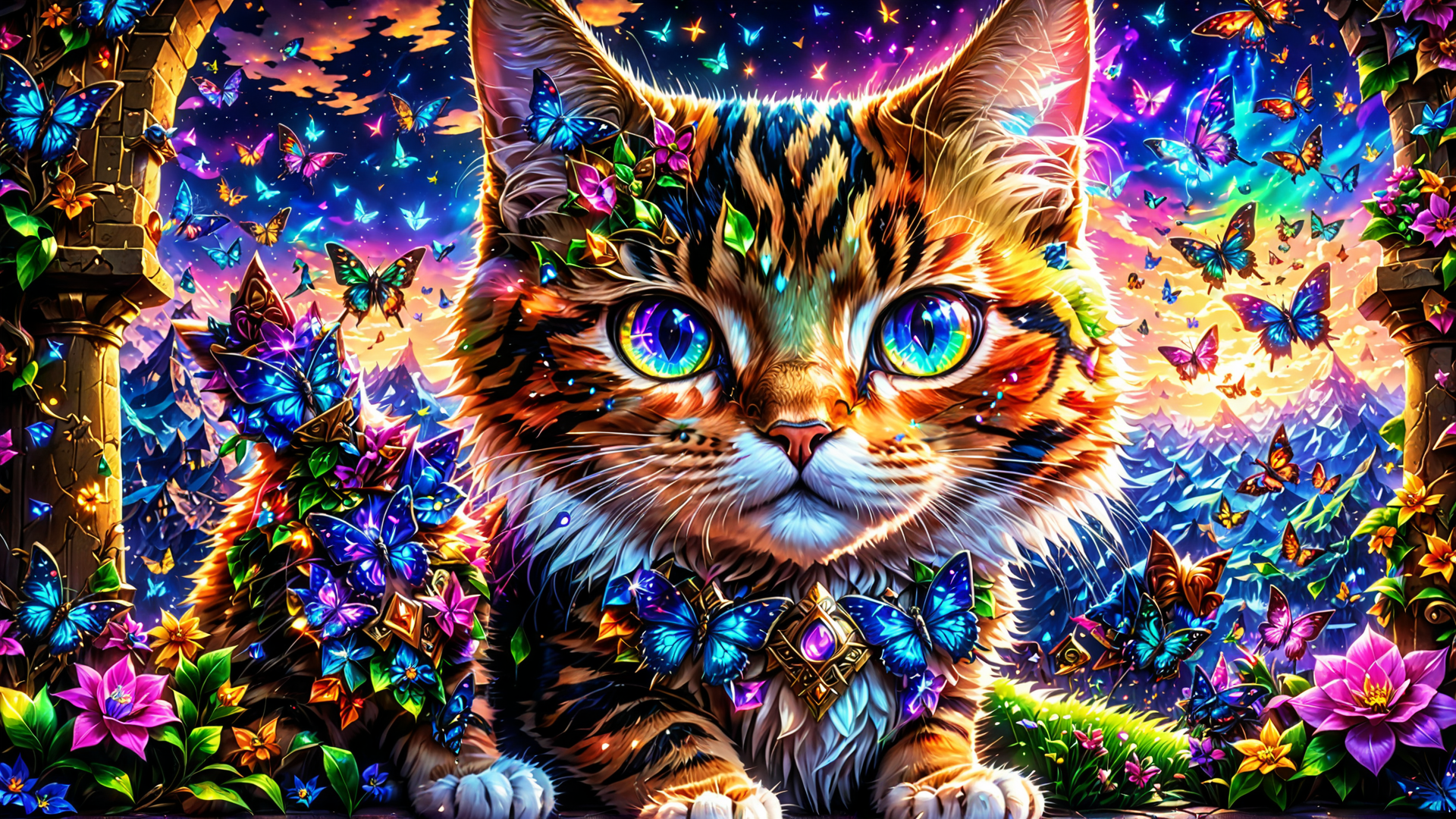 AI generated wallpaper featuring cat, butterflies, flowers