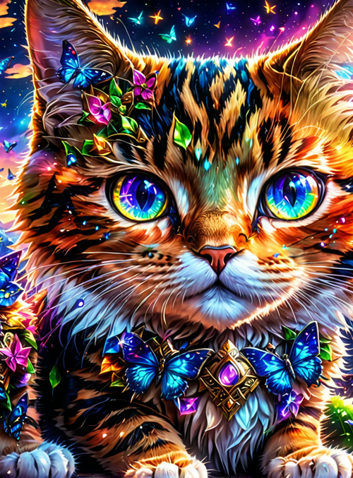 cat, butterflies, flowers