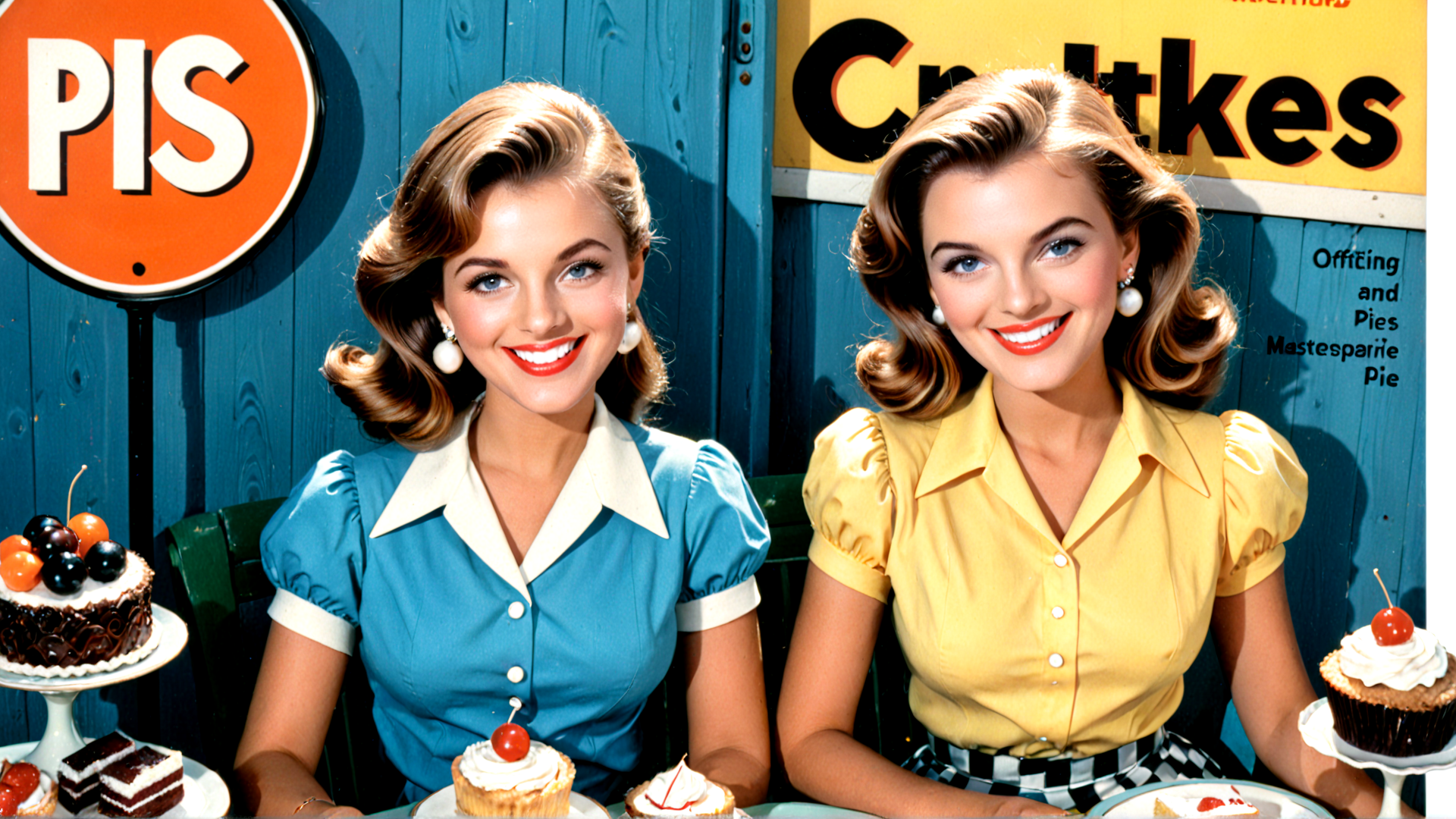 AI generated wallpaper featuring women, cakes, pies, diner, signs, pastries, cupcakes, cherry, chocolate, dishes