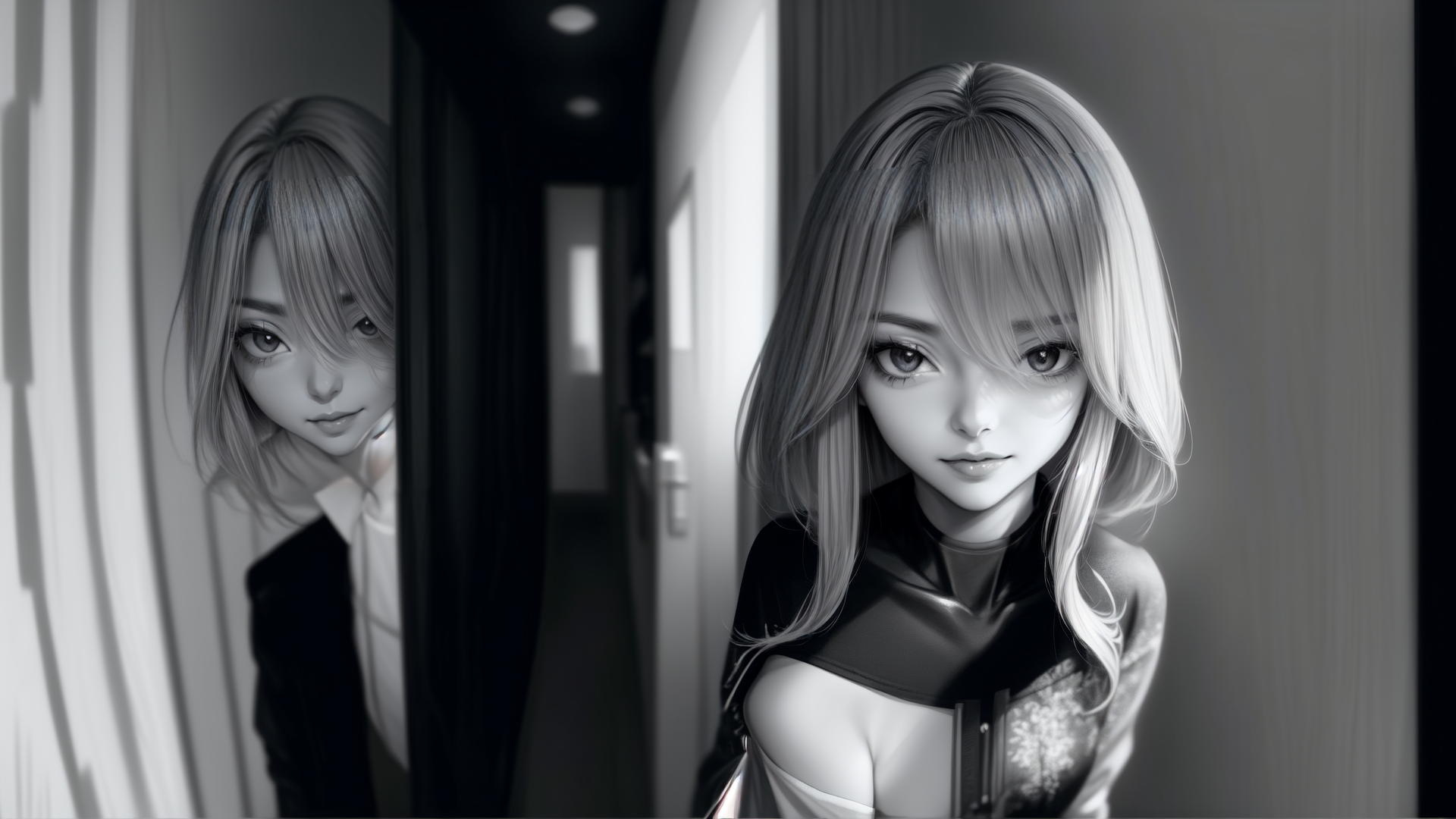 AI generated wallpaper featuring woman, mirror, reflection