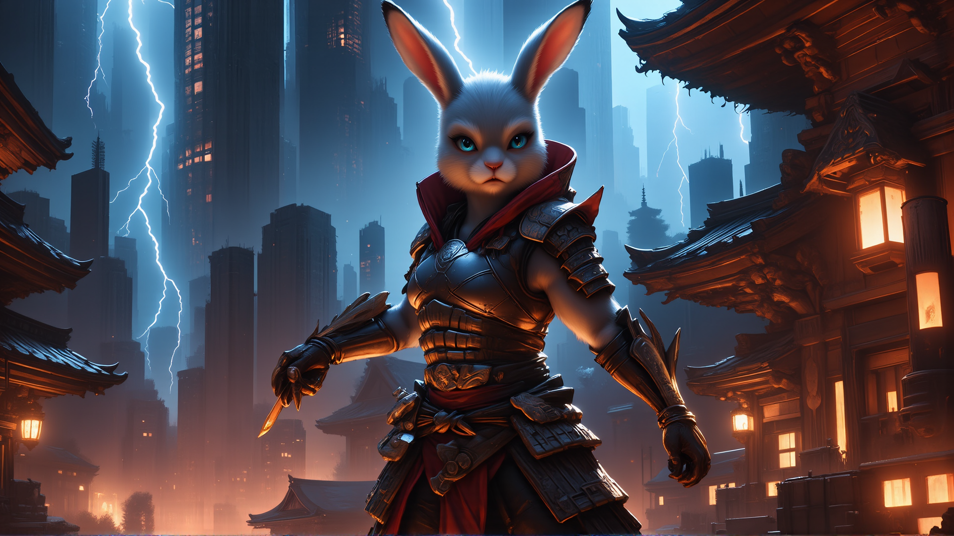 AI generated wallpaper featuring rabbit, armor, sword, cityscape, temple