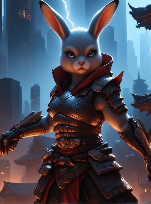 rabbit, armor, sword, cityscape, temple