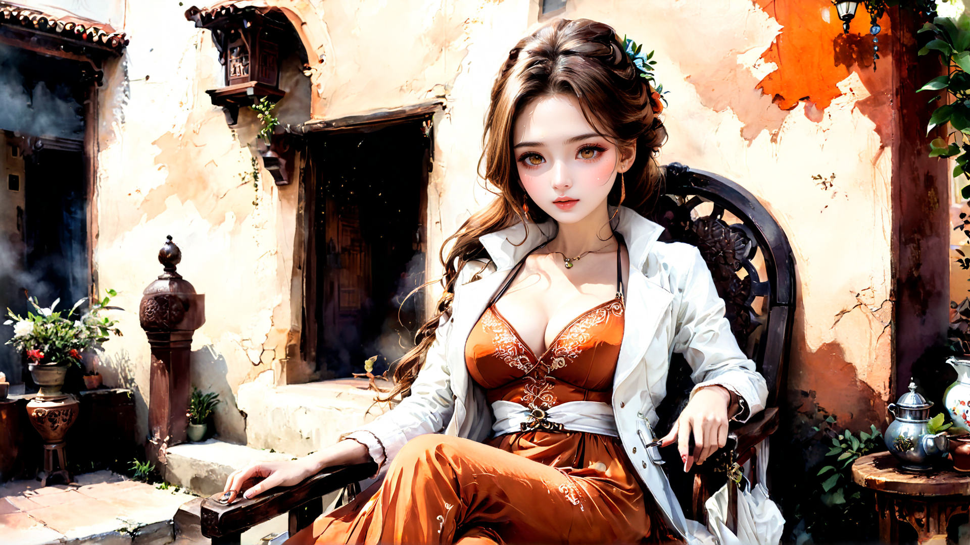 AI generated wallpaper featuring woman, chairs, vintage