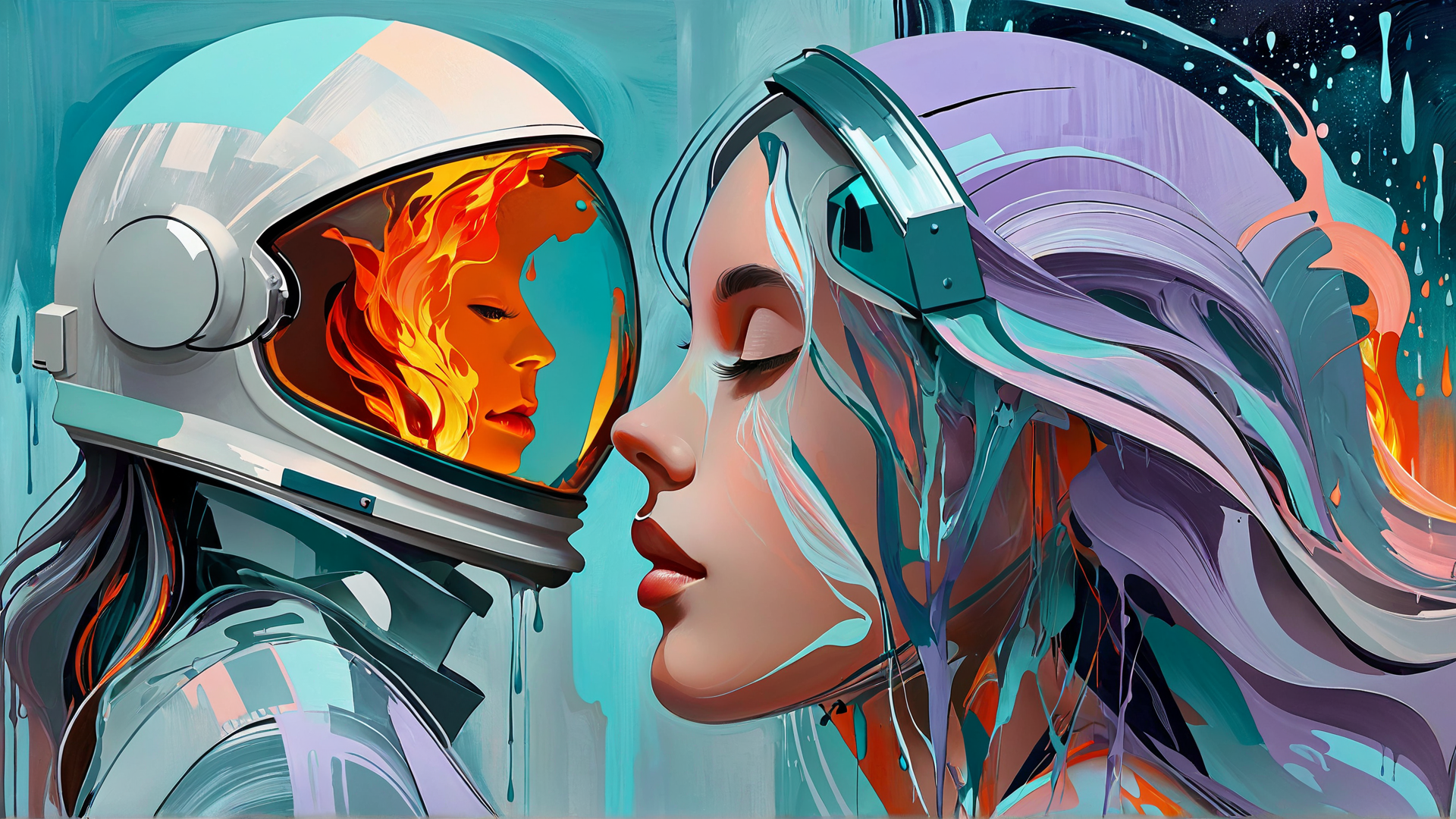 AI generated wallpaper featuring astronaut, woman, fire, space, hair, helmet