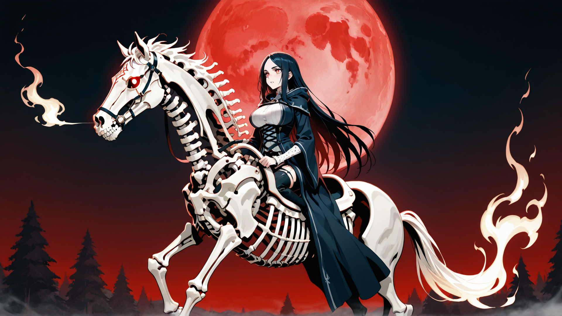 AI generated wallpaper featuring skeleton horse, woman, red moon, flame, forest