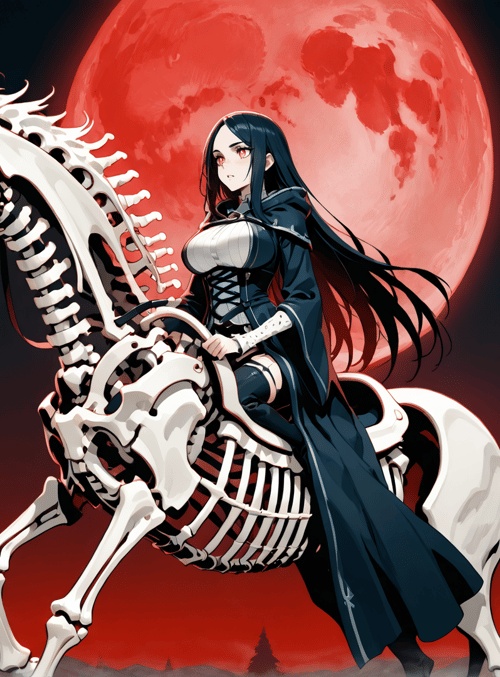 skeleton horse, woman, red moon, flame, forest