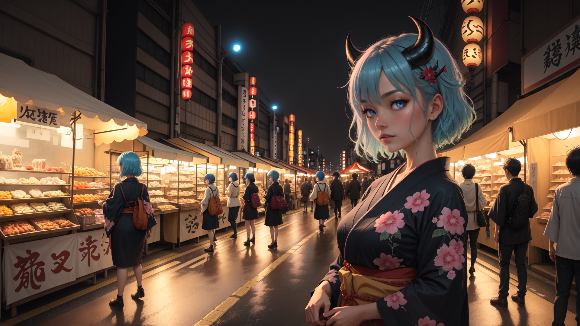 AI generated wallpaper featuring woman, market, street, kimono, horn, sakura, lantern, sign, food stall, people