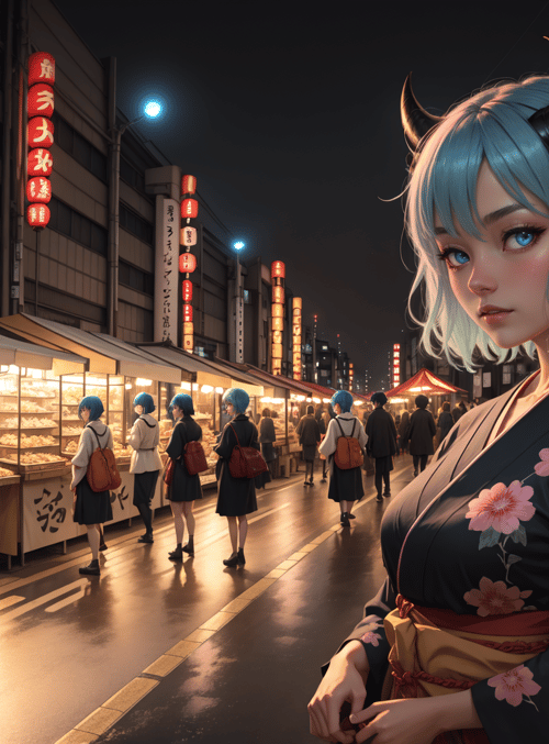 woman, market, street, kimono, horn, sakura, lantern, sign, food stall, people