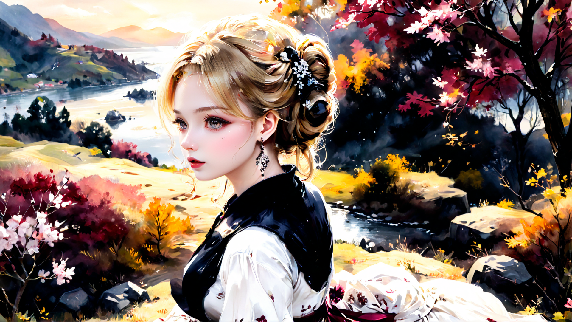 AI generated wallpaper featuring woman, nature, landscape