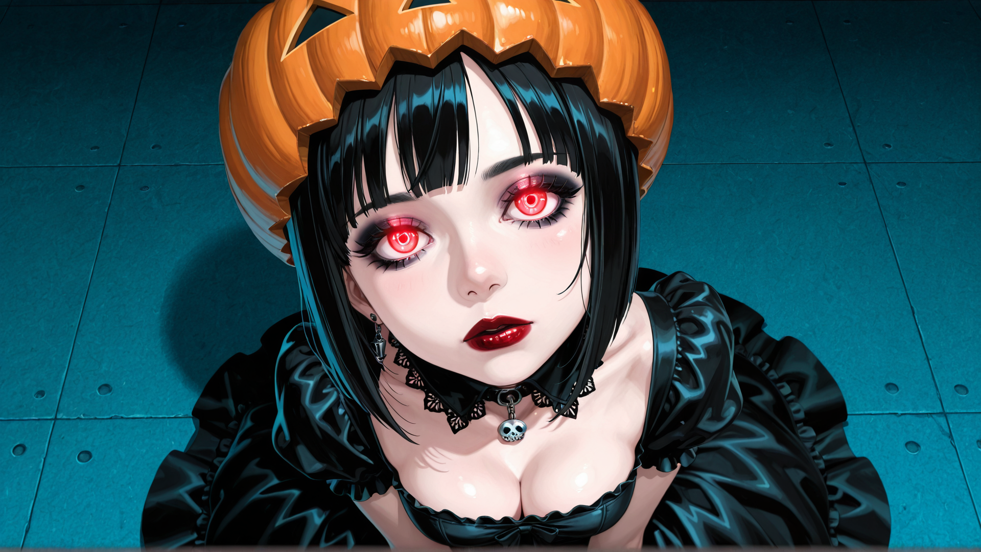 AI generated wallpaper featuring girl, pumpkin, costume, choker, ears, skull, dress