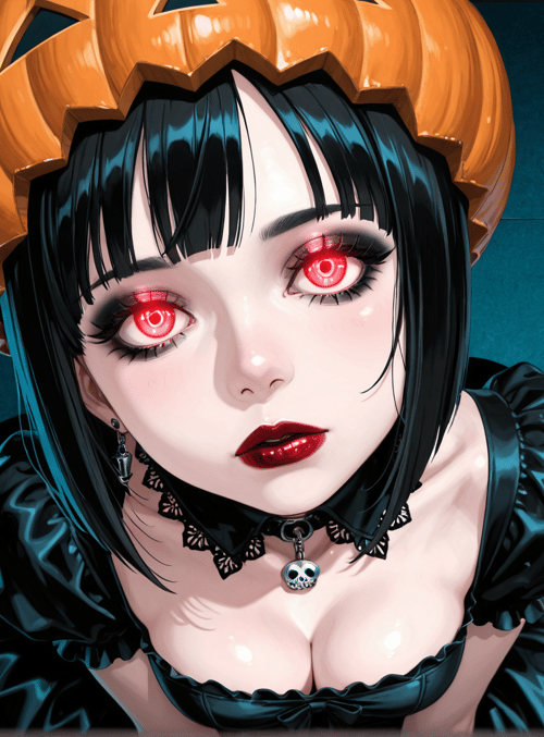 girl, pumpkin, costume, choker, ears, skull, dress