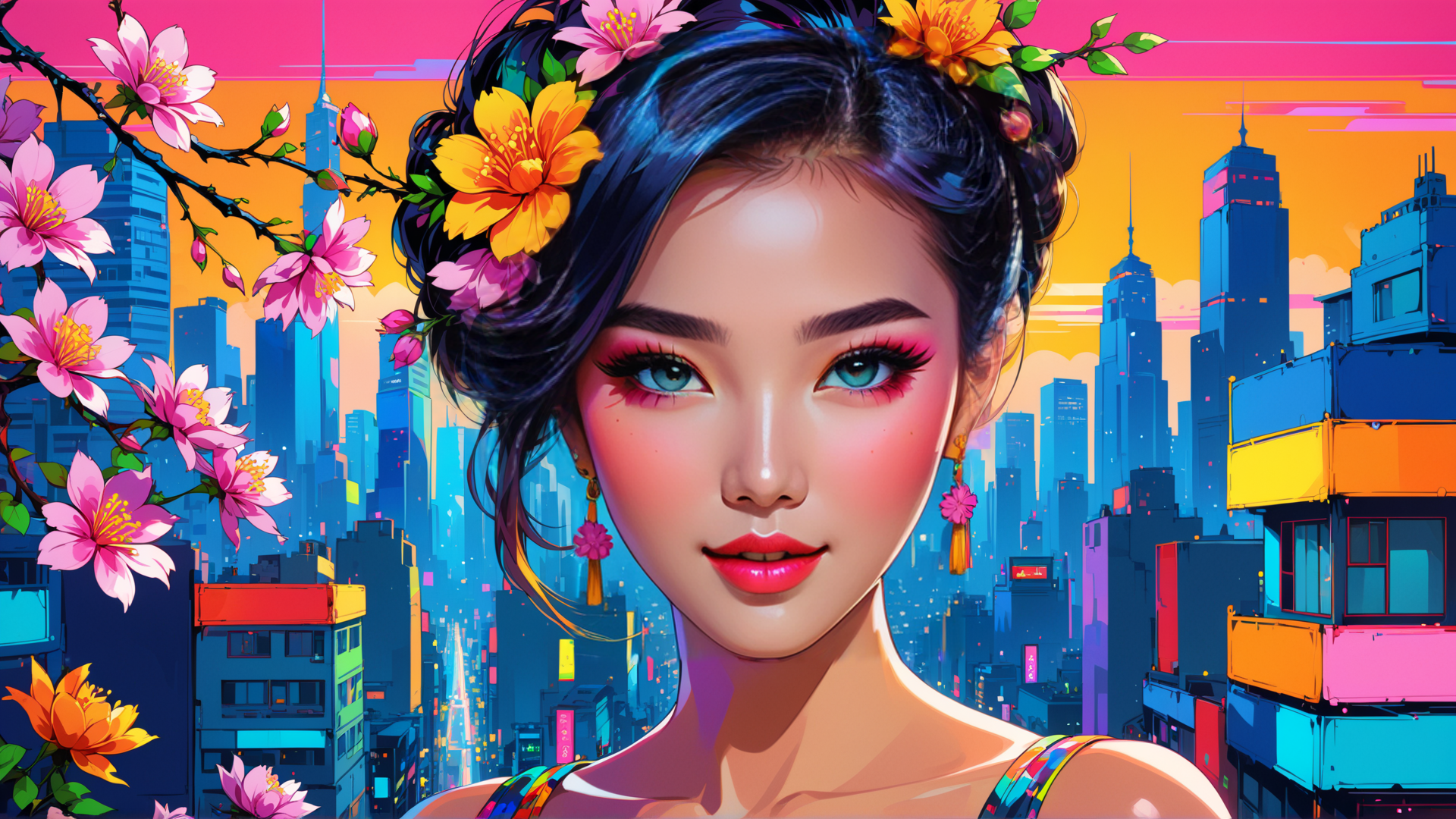 AI generated wallpaper featuring woman, cityscape, flowers