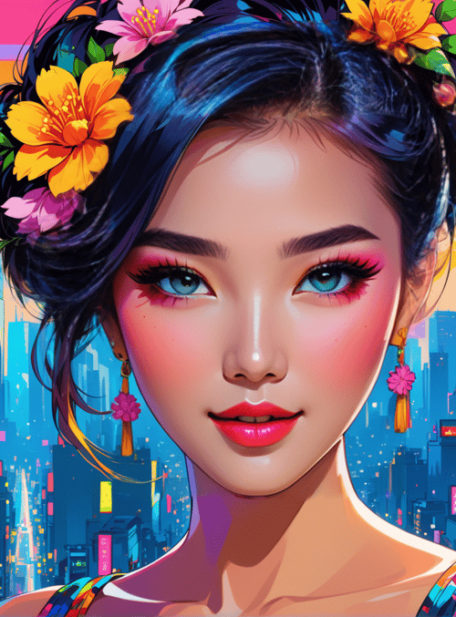 woman, cityscape, flowers
