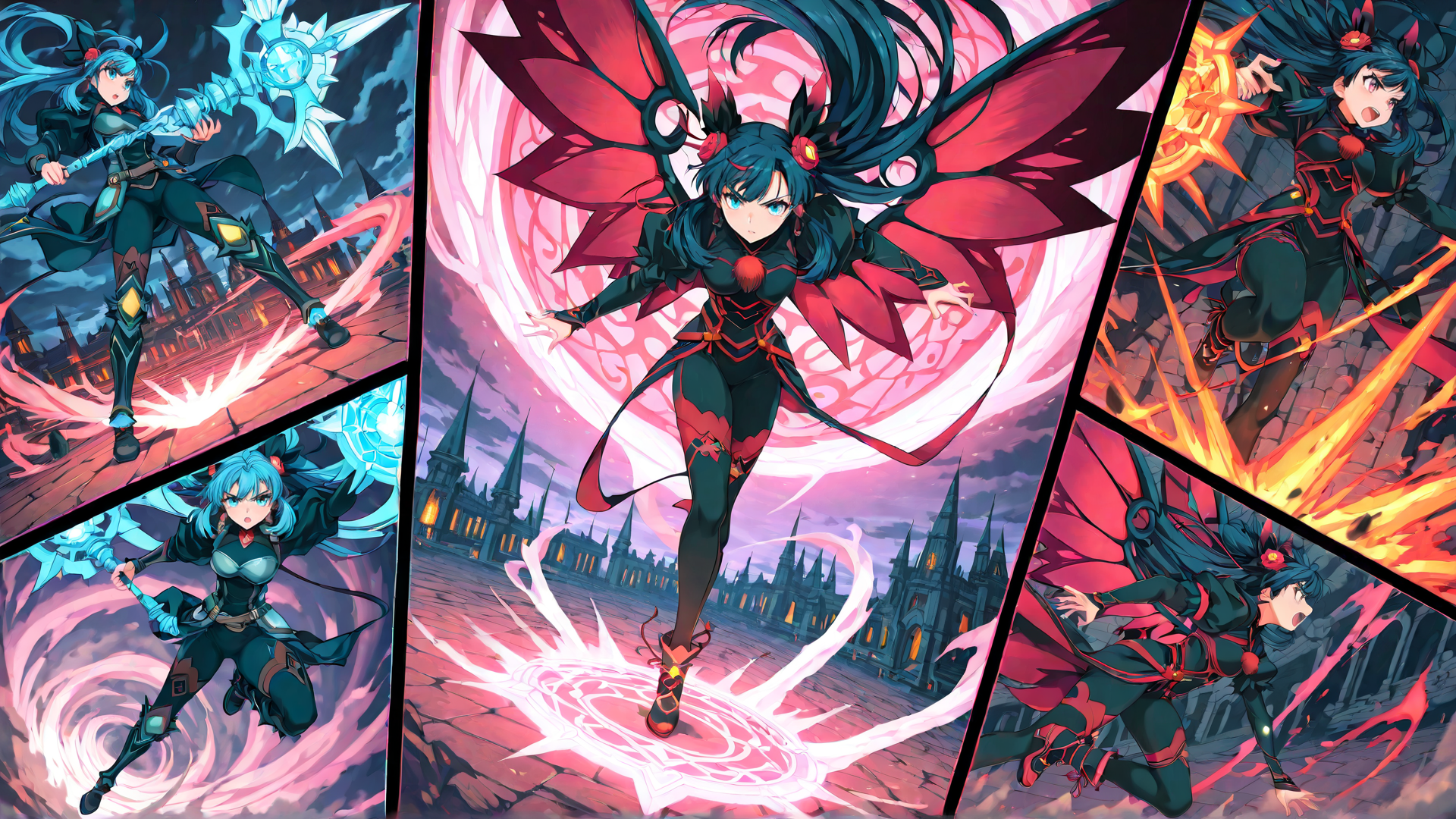 AI generated wallpaper featuring anime girl, mage, warrior, flying, sword, magic, wing, castle, fire, ice
