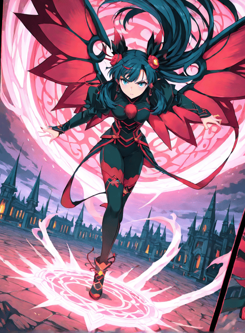 anime girl, mage, warrior, flying, sword, magic, wing, castle, fire, ice