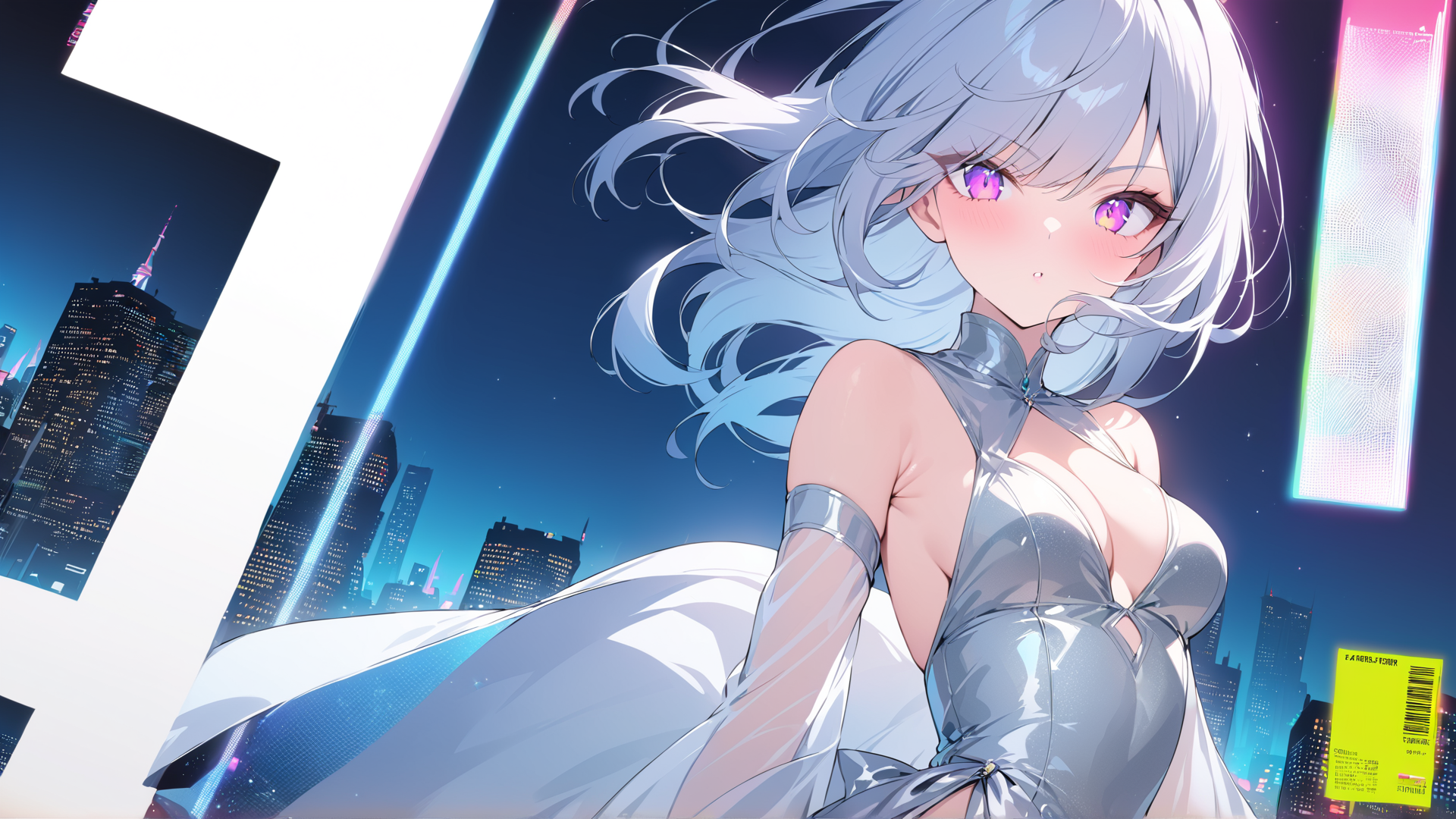 AI generated wallpaper featuring anime girl, cityscape, neon