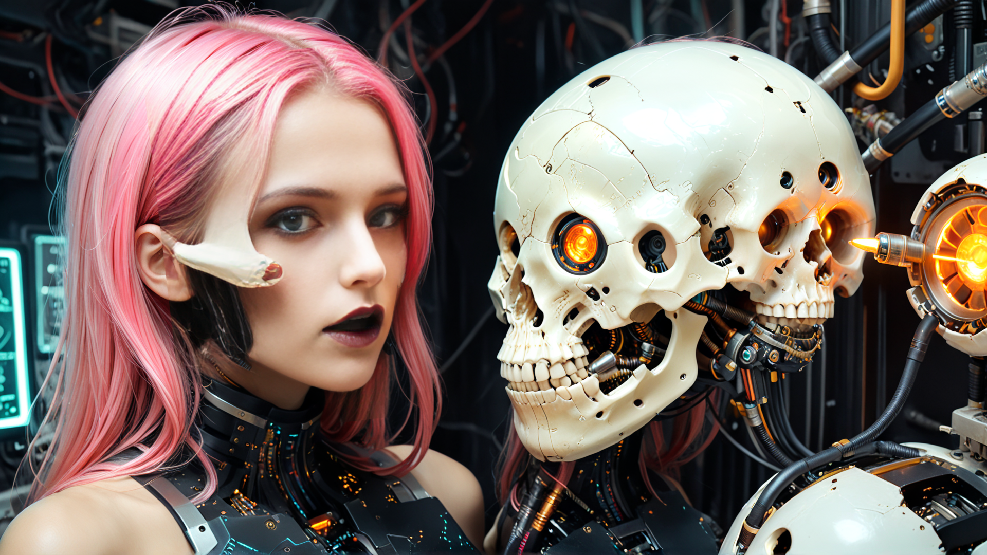 AI generated wallpaper featuring cyborg, robot, skull