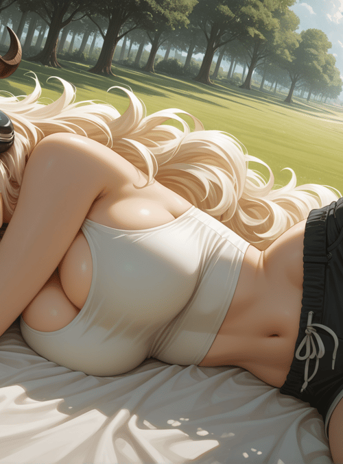 woman, horn, headphones, grass, trees, sun, blanket